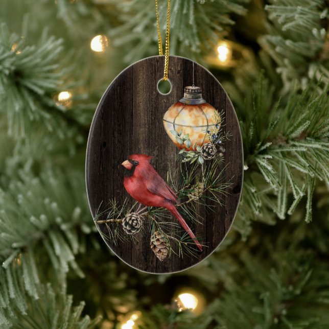 Personalised Rustic Lantern and Redbird Christmas Ceramic Tree Decoration (Tree)