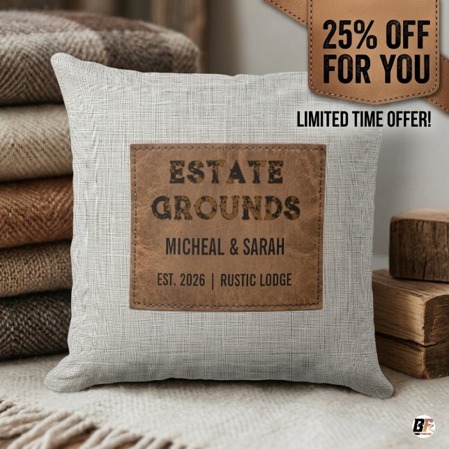 Personalised Rustic Lodge Faux Leather Patch Estat Cushion (#homedecor)