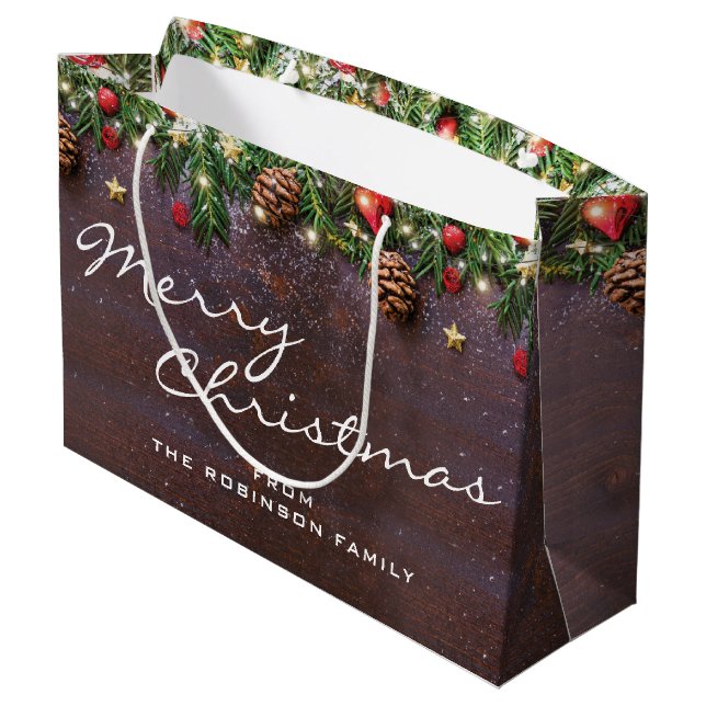 Personalised Rustic Merry Christmas Large Gift Bag (Back Angled)