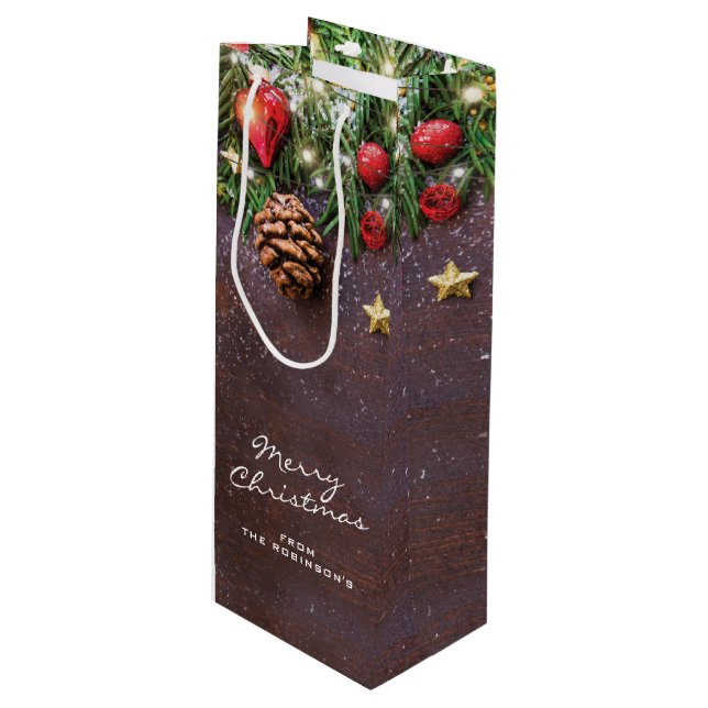 Personalised Rustic Merry Christmas Wine Gift Bag (Front Angled)