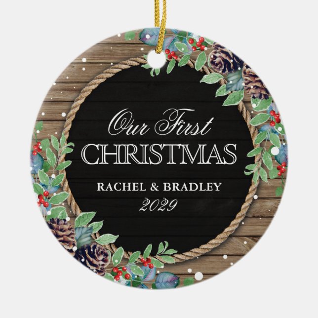 Personalised Rustic Our First Christmas Winter Ceramic Tree Decoration (Front)