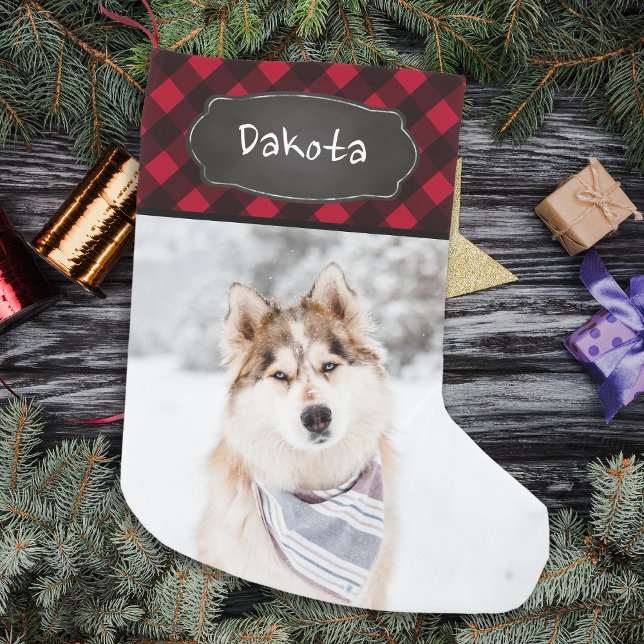 Personalised Rustic Red Buffalo Plaid Pet Photo Small Christmas Stocking (Creator Uploaded)