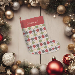 Personalised Rustic Red Green Argyle Large Christmas Stocking
