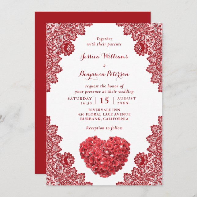 Personalised Rustic Red Lace Floral Wedding Invita Invitation (Front/Back)