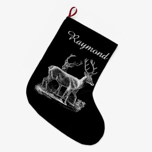 Personalised Rustic Reindeer Christmas Black White Large Christmas Stocking