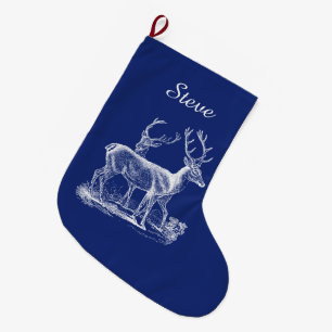 Personalised Rustic Reindeer Christmas Blue Colour Large Christmas Stocking