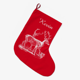 Personalised Rustic Reindeer Christmas Red Colour Large Christmas Stocking
