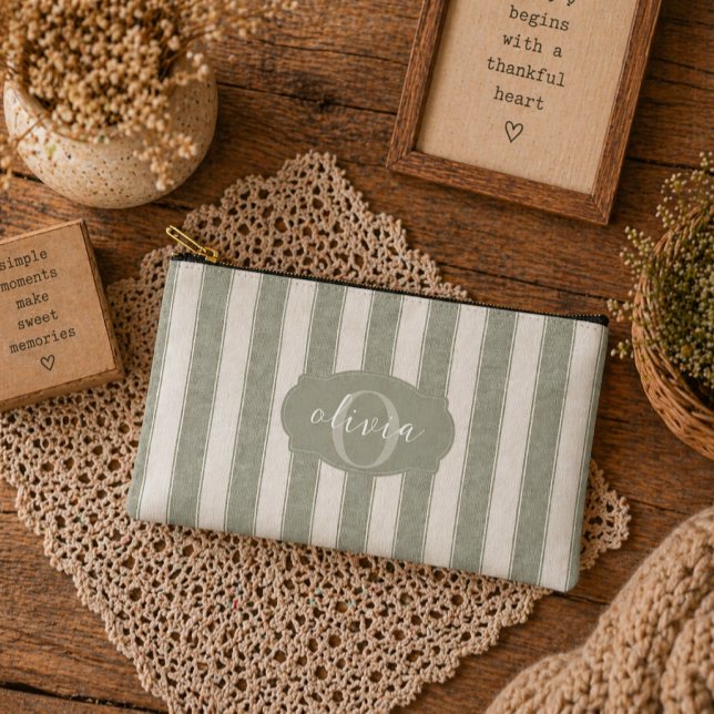 Personalised Rustic Sage Green Srtiped Accessory Pouch (Creator Uploaded)