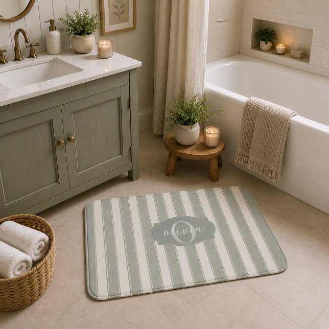 Personalised Rustic Sage Green Srtiped Bath Mat (Creator Uploaded)