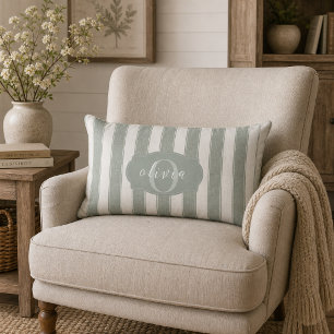 Personalised Rustic Sage Green Srtiped Lumbar Cushion