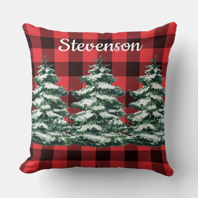 Personalised Rustic Snowy Pines Red Buffalo Plaid Cushion (Front)
