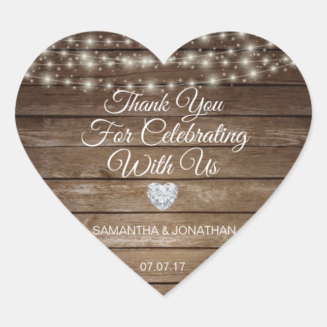 Personalised Rustic String Lights Wood Wedding Heart Sticker (Front)