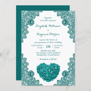Personalised Rustic Teal Lace Hydrangea Wedding Invitation