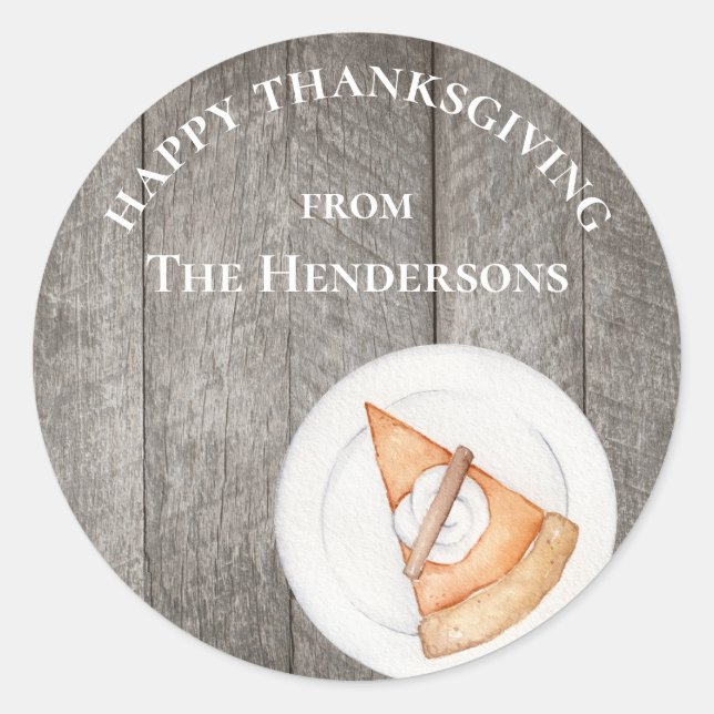 Personalised Rustic Thanksgiving Pumpkin Pie Classic Round Sticker (Front)