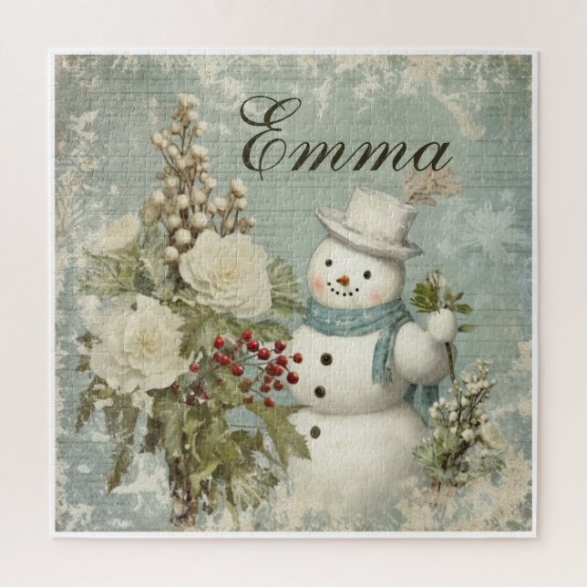 Personalised Rustic Vintage Snowman Christmas Jigsaw Puzzle (Vertical)