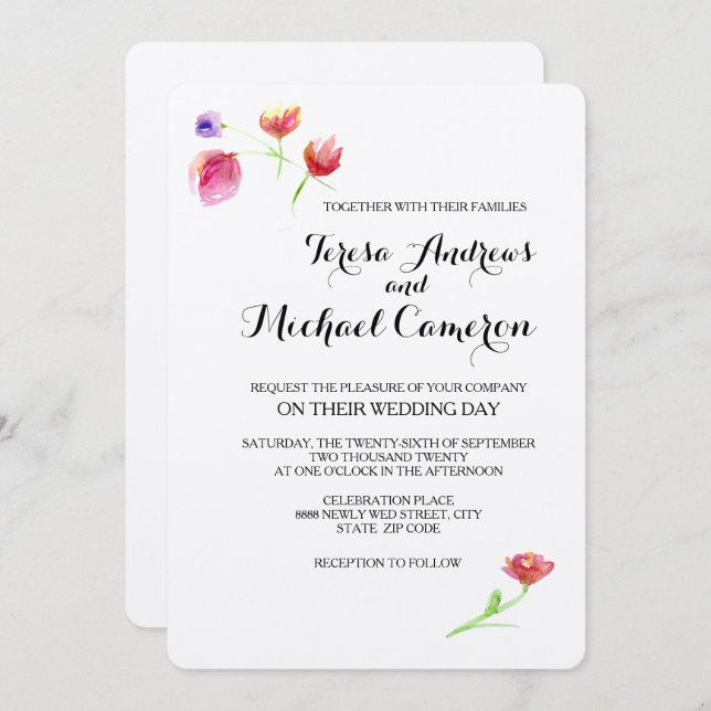 Personalised, Rustic, Watercolor flower, Wedding Invitation (Front/Back)