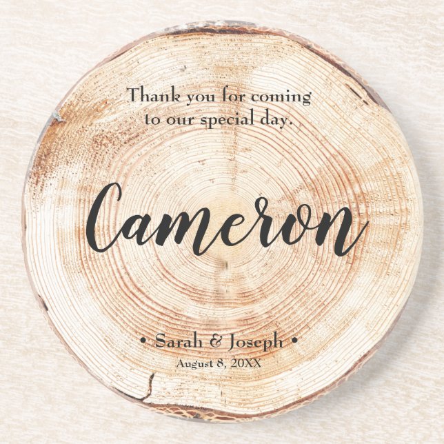 Personalised Rustic wedding Name wood cut coaster (Front)