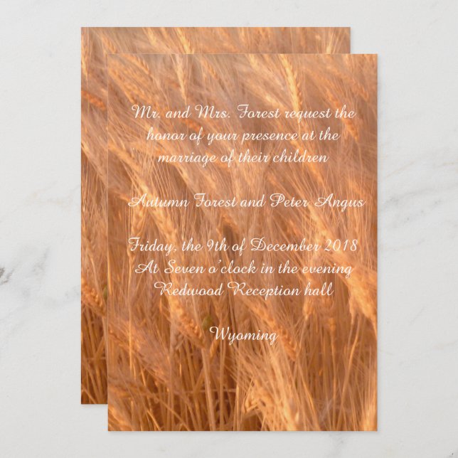 Personalised rustic, wheat, wedding invitation (Front/Back)