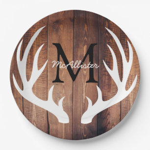 Personalised - Rustic White Deer Antlers Barn Wood Paper Plate