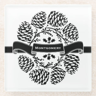 Personalised Rustic Winter Holly Pine Cones Laurel Glass Coaster
