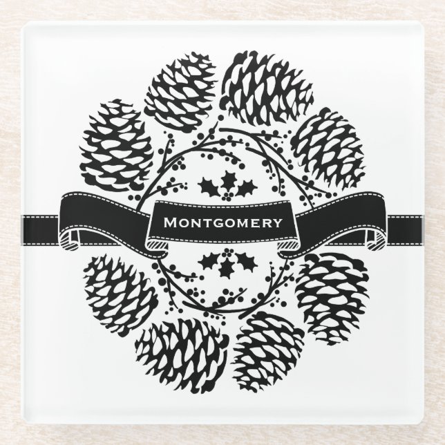 Personalised Rustic Winter Holly Pine Cones Laurel Glass Coaster (Front)