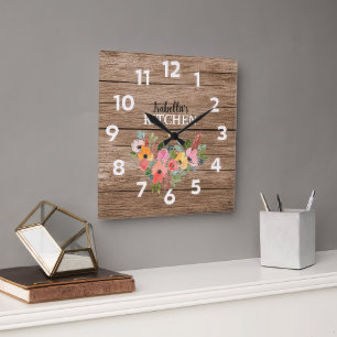 Personalised Rustic Wood And Pink Floral Kitchen  Large Clock