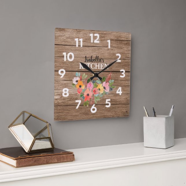 Personalised Rustic Wood And Pink Floral Kitchen  Large Clock (Personalized Rustik Wood )