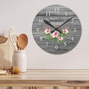 Personalised Rustic Wood And Pink Floral Kitchen Round Clock
