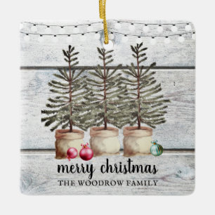 Personalised Rustic Wood Christmas Trees Holiday Ceramic Ornament
