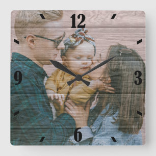 Personalised Rustic Wood Effect Photo Square Wall Clock