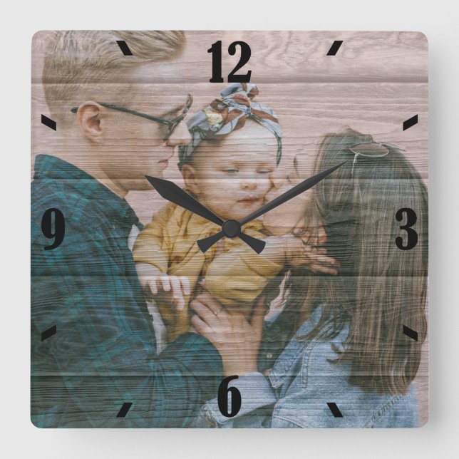 Personalised Rustic Wood Effect Photo Square Wall Clock (Front)