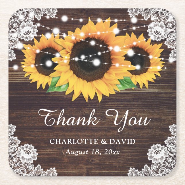 Personalised Rustic Wood Lace Sunflower Wedding Square Paper Coaster (Front)