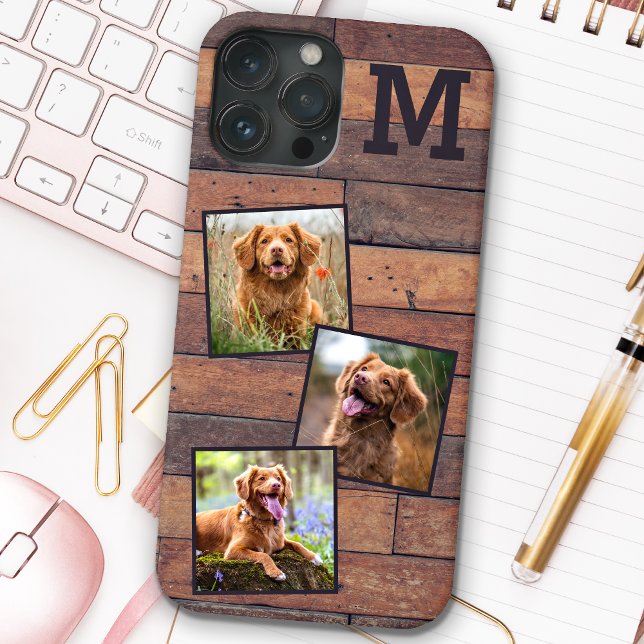 Personalised Rustic Wood Monogram 3 Photo Case-Mate iPhone Case (Creator Uploaded)