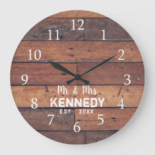 Personalised Rustic Wood Plank Farmhouse Mr & Mrs Large Clock
