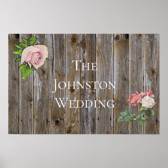 Personalised Rustic Wood Roses Wedding Poster (Front)