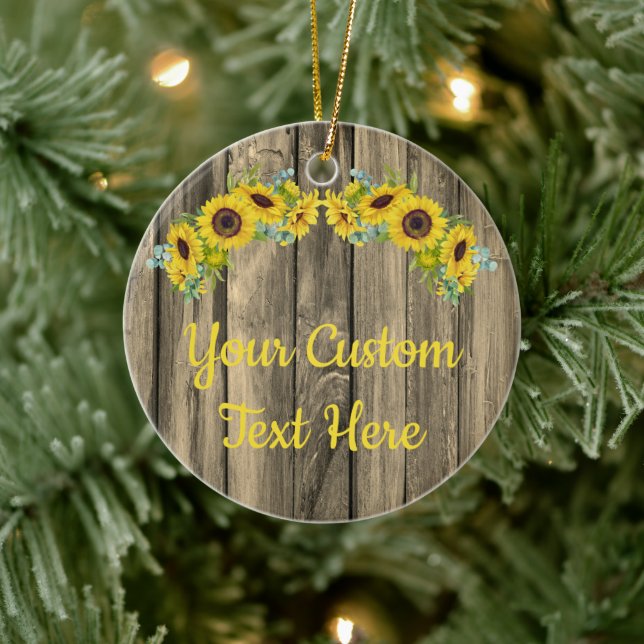 Personalised Rustic Wood Sunflower Custom Text  Ce Ceramic Tree Decoration (Tree)