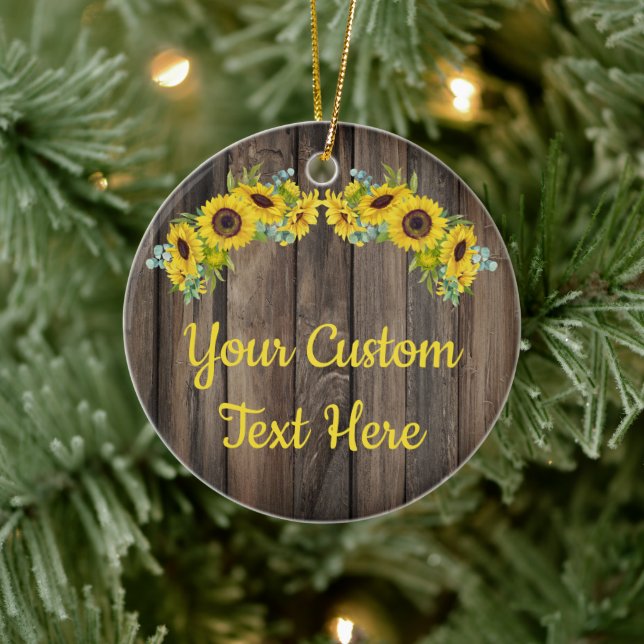 Personalised Rustic Wood Sunflower Custom Text Cer Ceramic Tree Decoration (Tree)