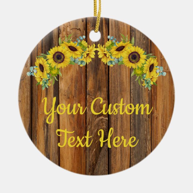 Personalised Rustic Wood Sunflower Custom Text Ceramic Tree Decoration (Front)