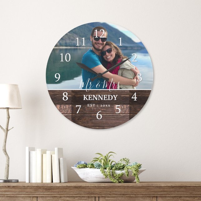 Personalised Rustic Wood Wedding Anniversary Photo Large Clock (Personalized Rustic Wood Wedding Anniversary Photo Large Clock,)