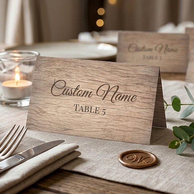 Personalised Rustic Wooden Wedding Name Folding Place Card (Creator Uploaded)