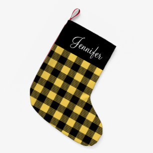 Personalised Rustic Yellow Buffalo Check  Small Christmas Stocking