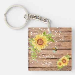 Personalised Rustic Yellow Floral Sunflower Key Ring