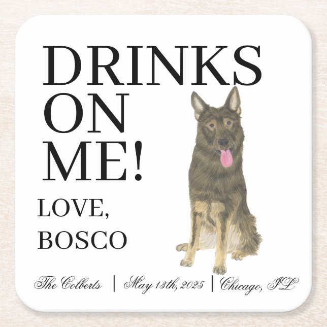 Personalised Sable German Shepherd Wedding Square Paper Coaster (Front)