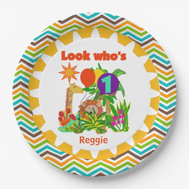Personalised Safari 1st Happy Birthday Paper Plate (Front)