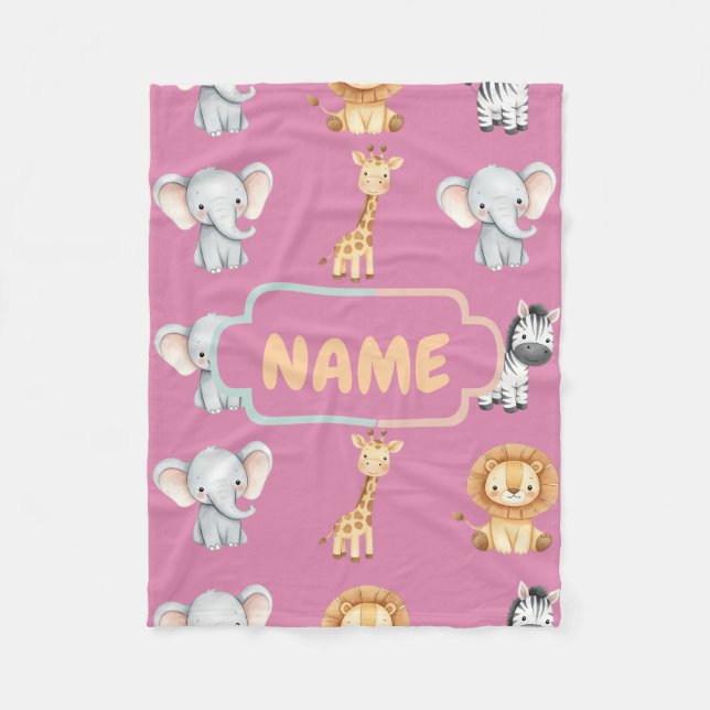 Personalised Safari Animal Cute Pastel Nursery  Fleece Blanket (Front)