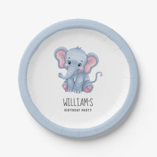 Personalised Safari Animal Elephant White Blue     Paper Plate