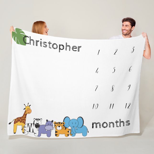 Personalised Safari Baby milestone months Fleece Blanket (In Situ)