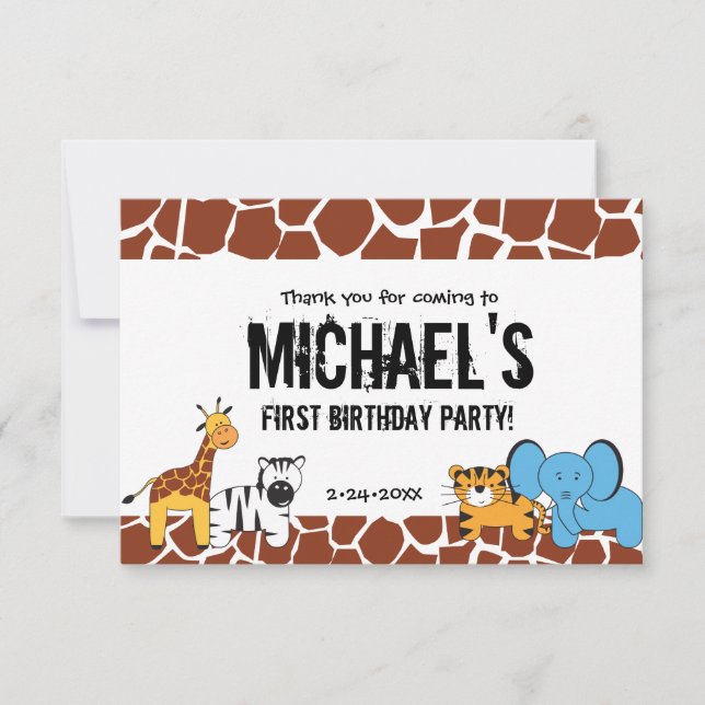 Personalised Safari first birthday party Thank You Card (Front)