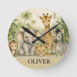 Personalised Safari Nursery Name Poster   Jungle  Round Clock