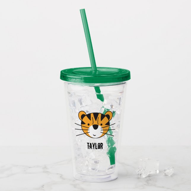 Personalised Safari Tiger Illustration birthday Acrylic Tumbler (Front Ice)